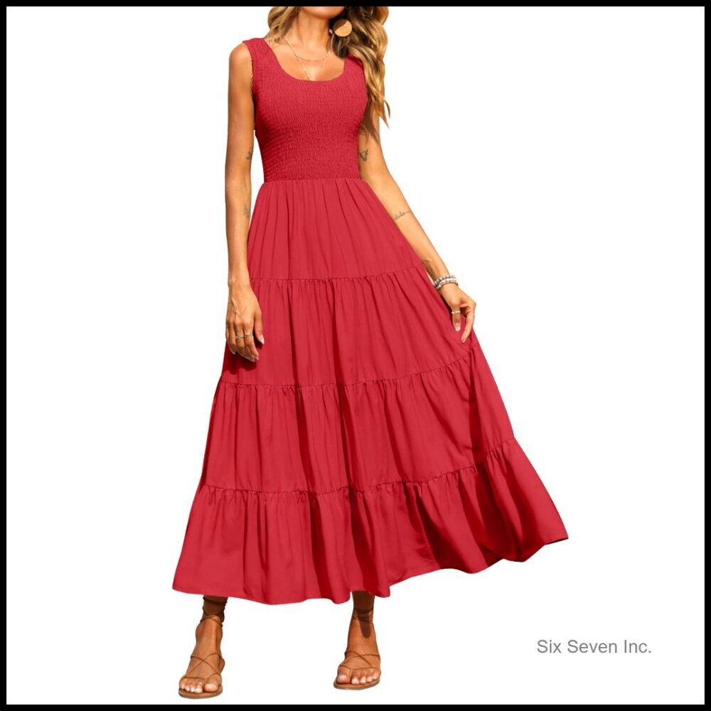 Tiered Maxi Dress Smocked Tank Sleeveless Flowy Boho Beach Casual Spring
